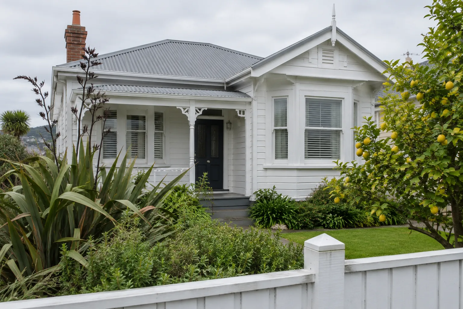 An old Auckland villa with white weatherboards and an iron roof, seen from the front garden
